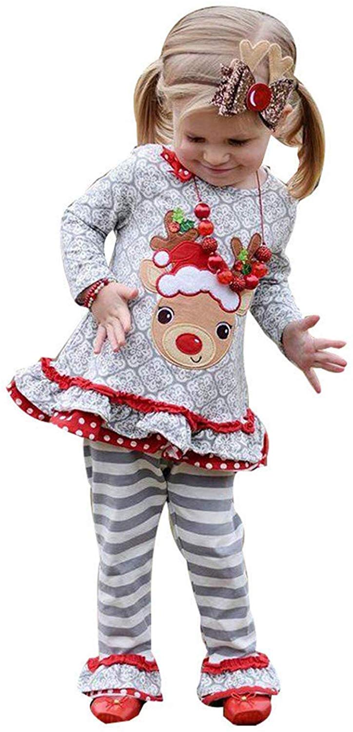 Toddler Kids Baby Girl Christmas Deer Ruffle T-Shirt
