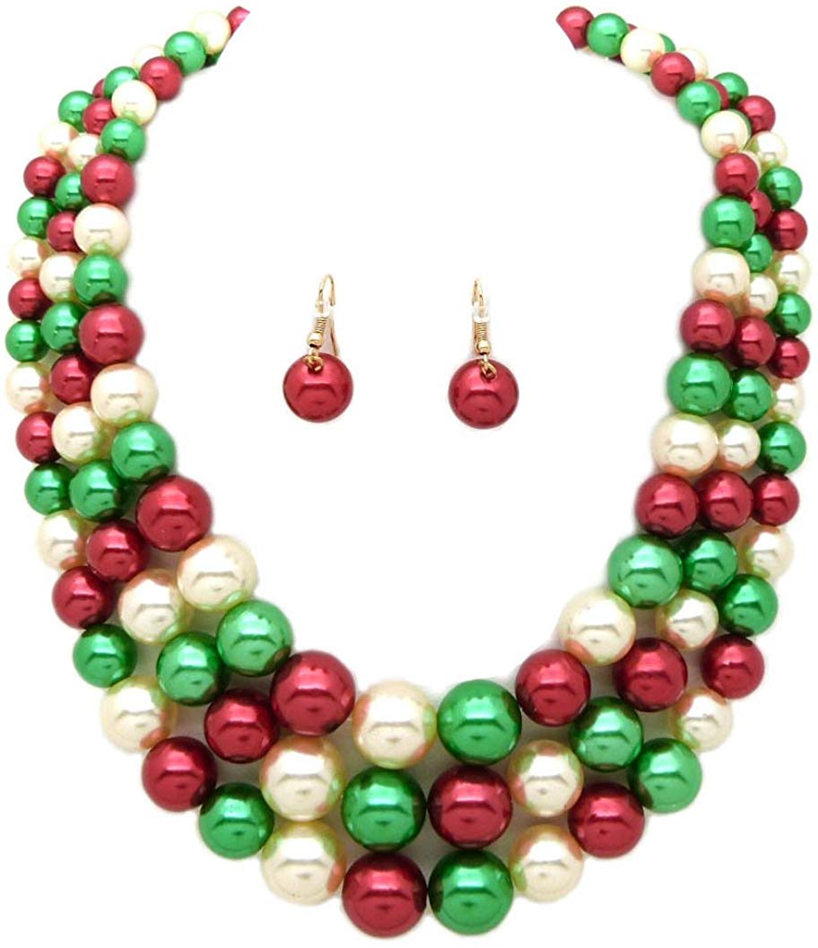 Women's Simulated Faux Three Multi-Strand Pearl Statement Necklace