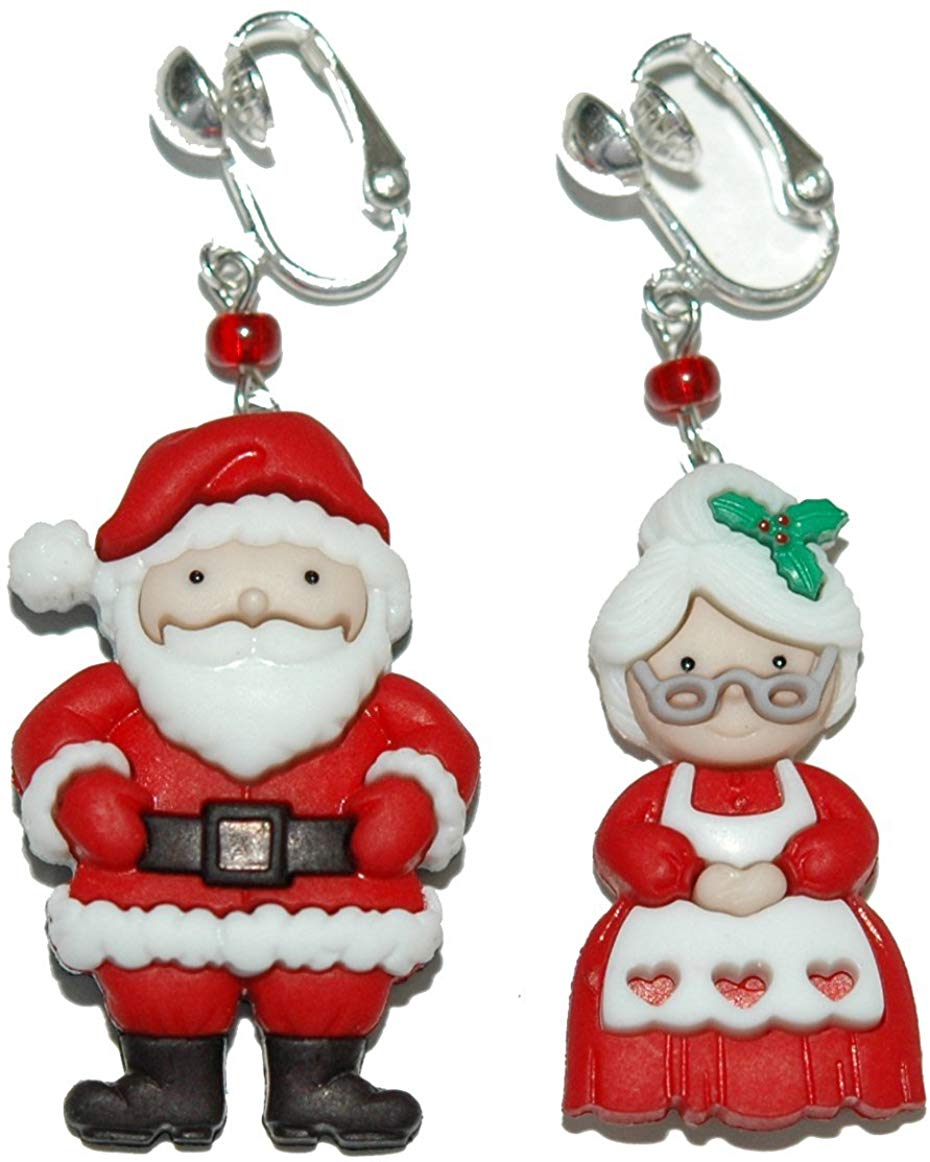 Santa & Mrs Claus Clip On Dangle Earrings Santa & Mrs Claus Clip On Dangle Earrings