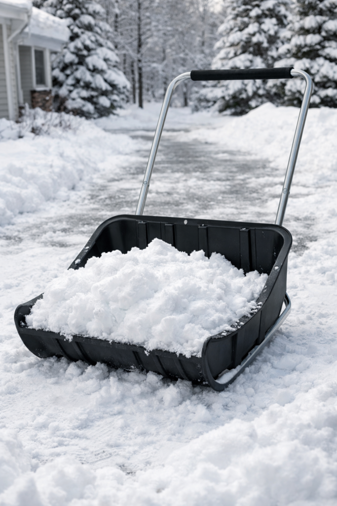 Sleigh-style snow shovel with deep scoop loaded with snow on a driveway