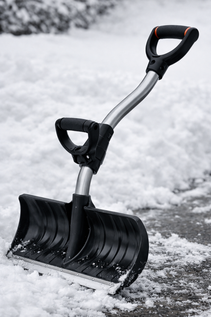Close-up of ergonomic snow shovel with curved handle